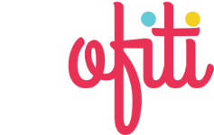 Mofiti logo in white, pink, blue, and yellow