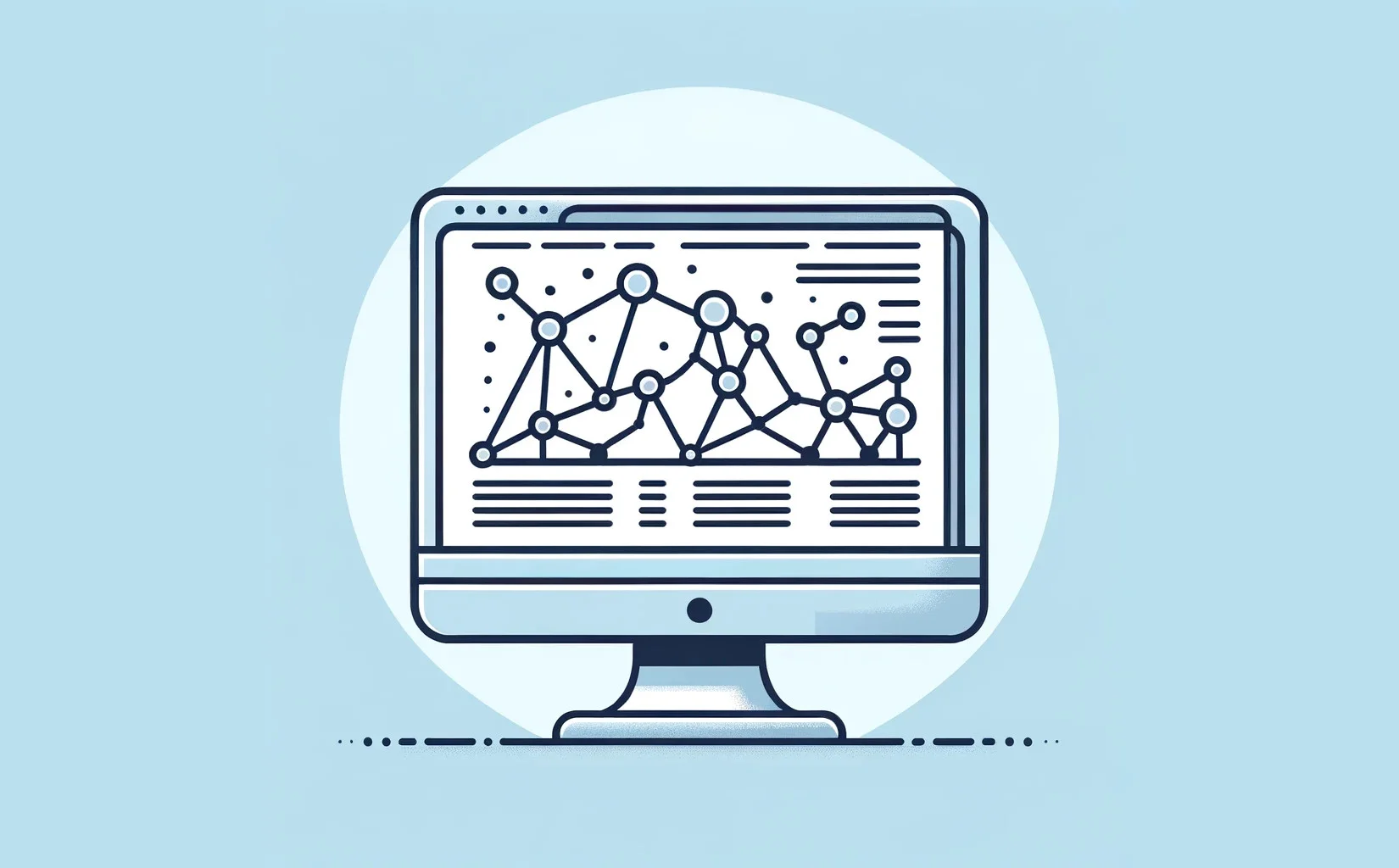 Thematic Network Analysis of Text Minimalist illustration of a rectangular computer monitor displaying a complex, abstract network graph on a light blue background.