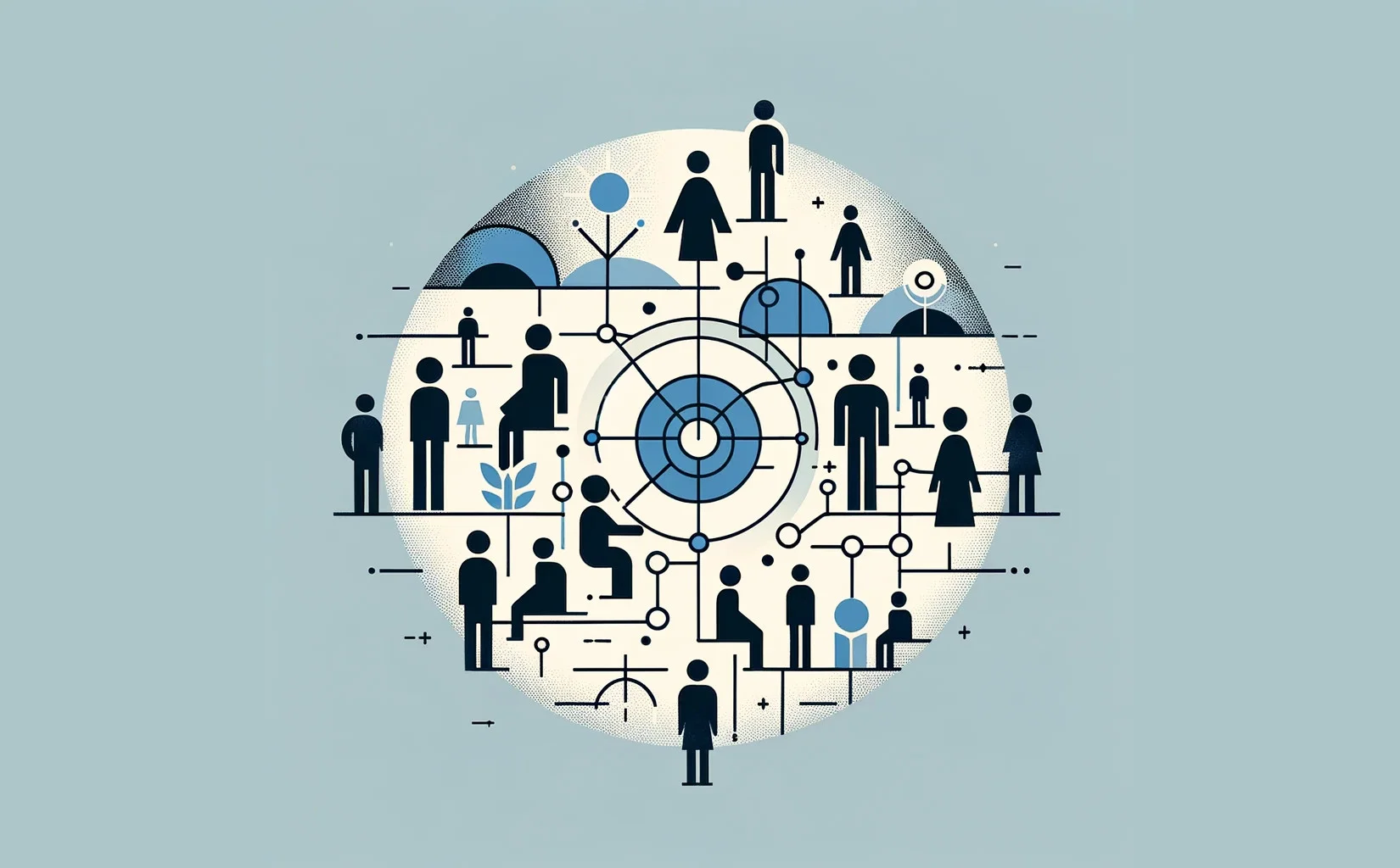 A circular illustration with groups of figures interacting socially on a light blue background.