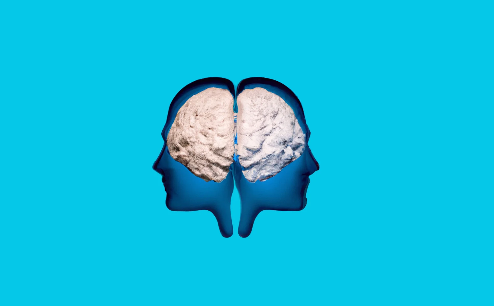 Two brains of thought by DALL-E Two faces on a blue field facing away from each other with their brains visible